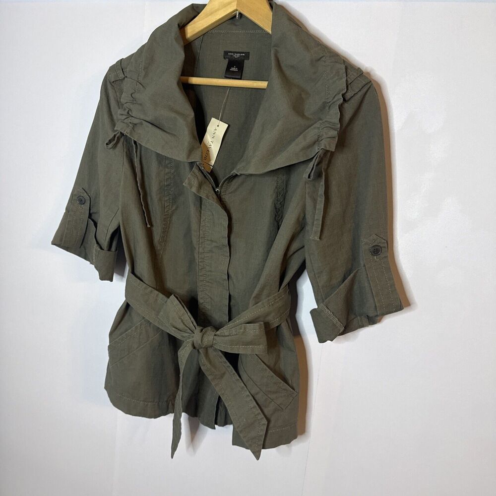 Ann Taylor Utility Jacket Womens 4 Zip Up Belted Army Green Lightweight Classic‎ - Picture 3 of 9